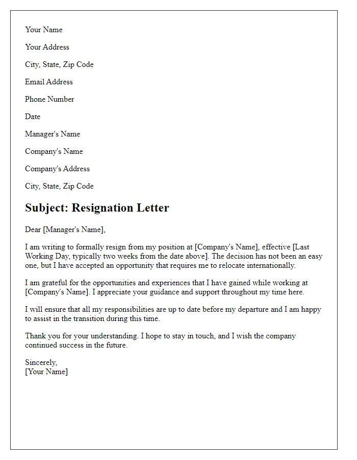 Letter template of resignation created due to relocating internationally.