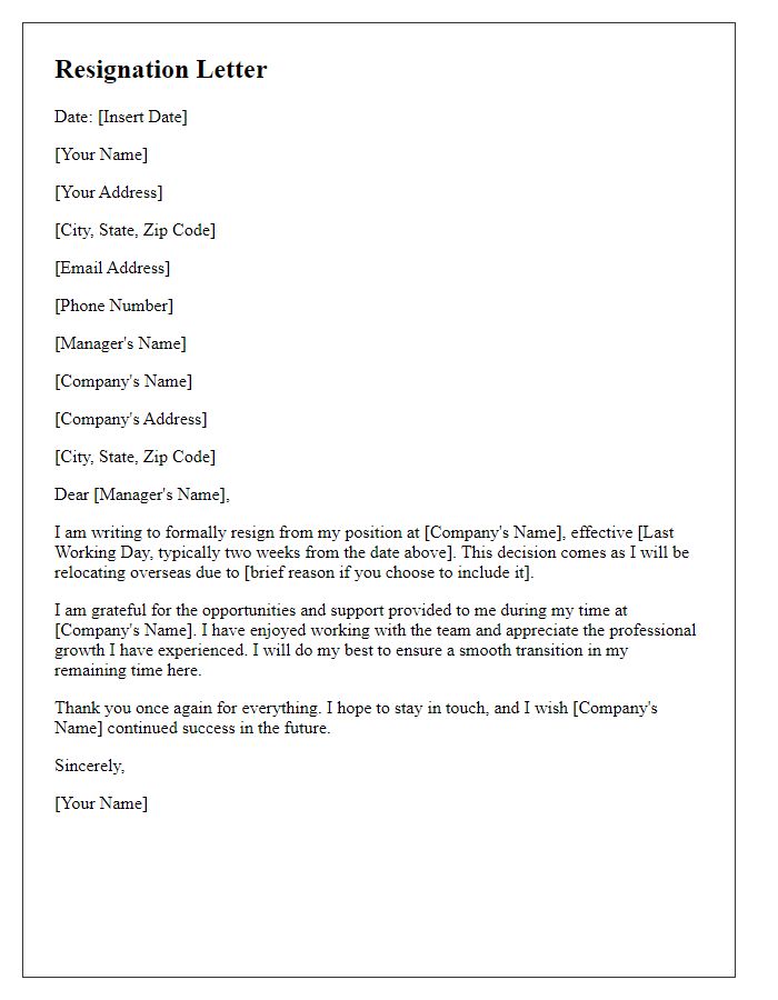 Letter template of resignation due to overseas relocation.