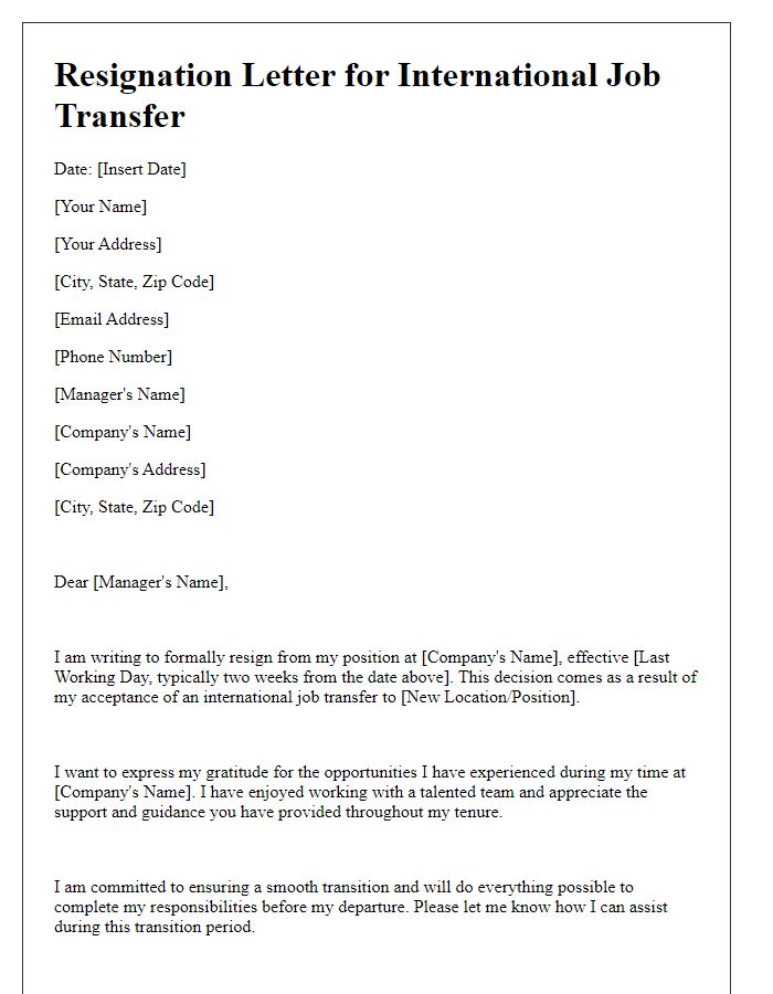 Letter template of resignation for international job transfer.