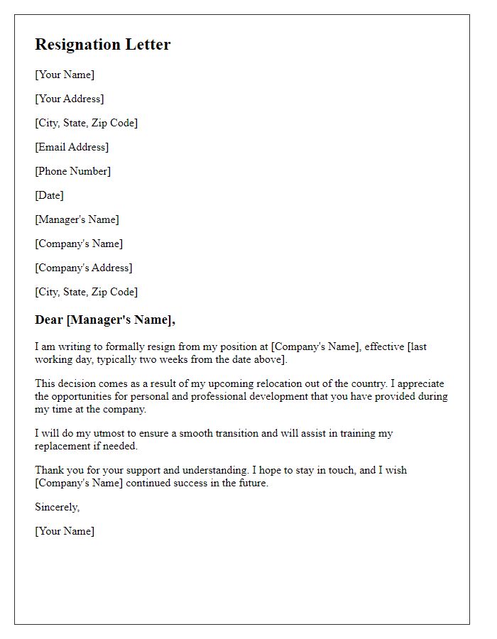 Letter template of resignation linked to relocating out of the country.