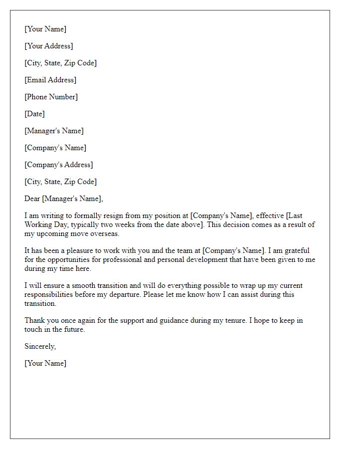 Letter template of resignation resulting from moving overseas.