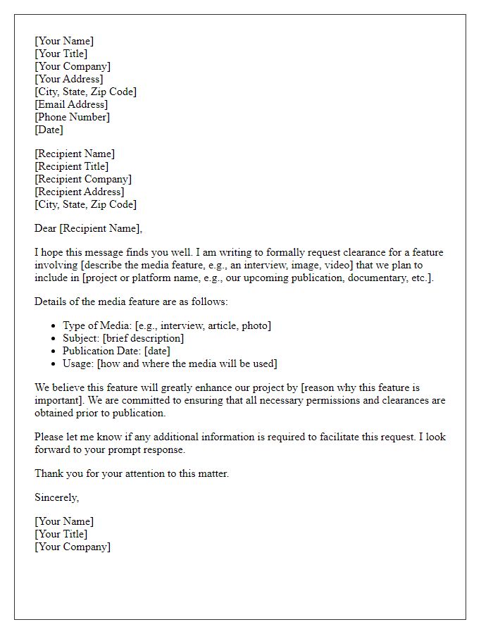 Letter template of media feature clearance request