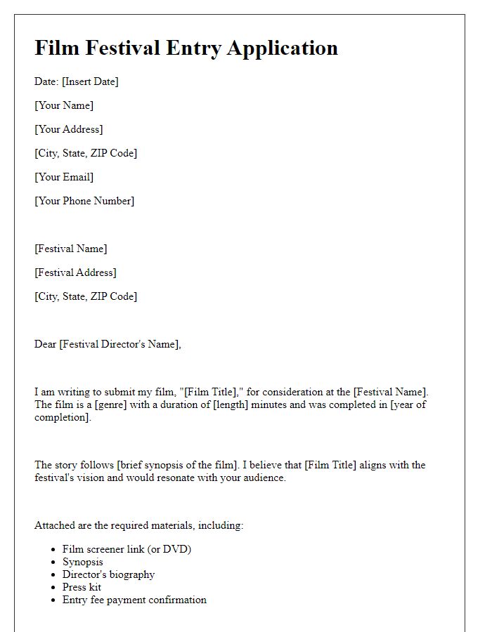 Letter template of film festival entry application