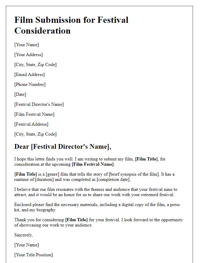 Letter template of film submission for festival consideration