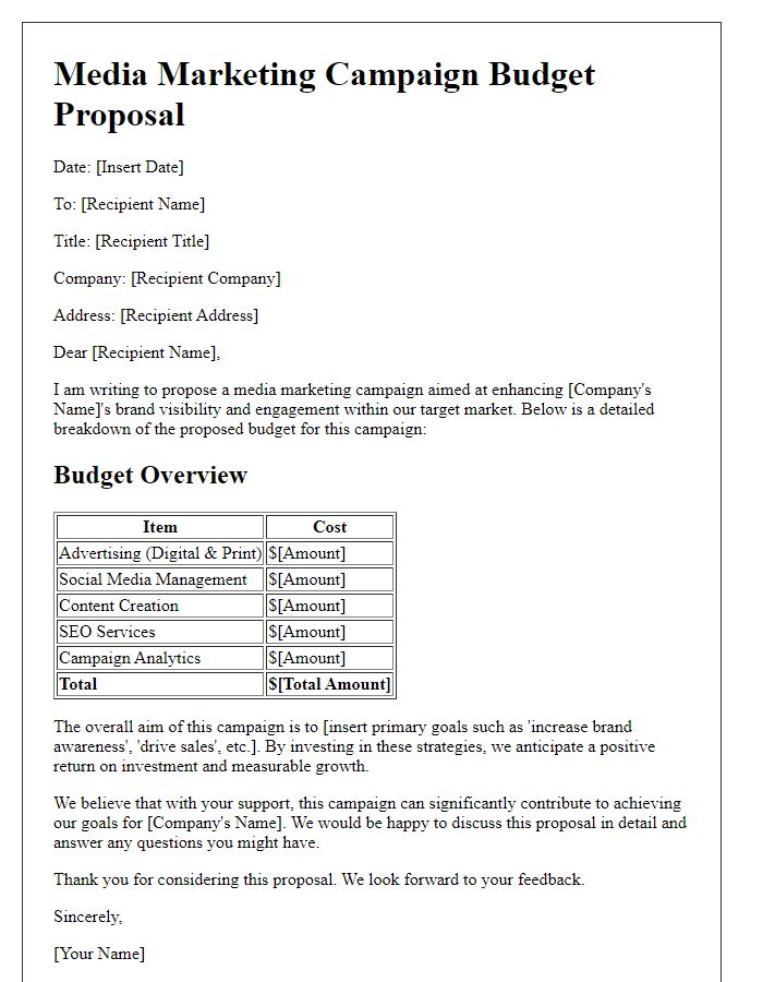 Letter template of media marketing campaign budget proposal