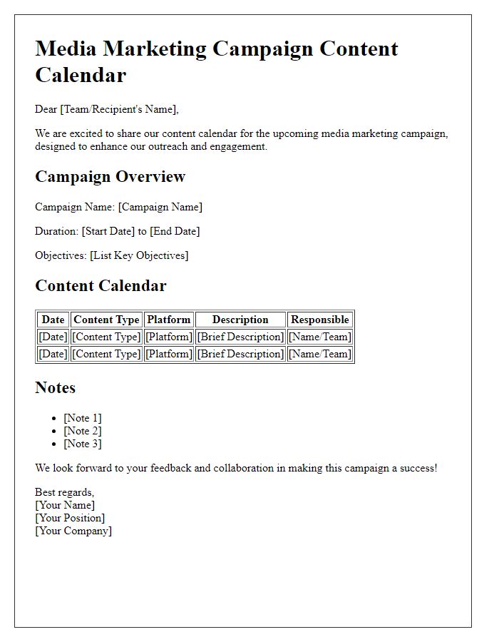 Letter template of media marketing campaign content calendar