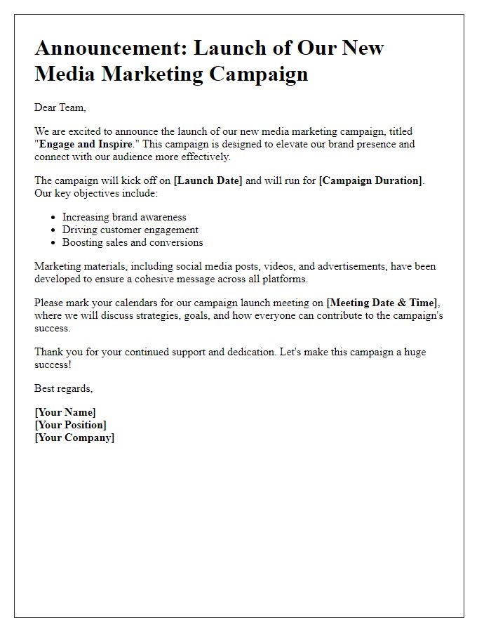 Letter template of media marketing campaign launch announcement