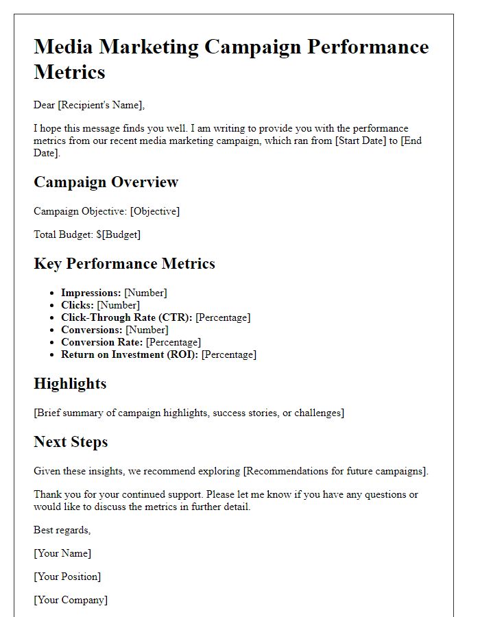 Letter template of media marketing campaign performance metrics