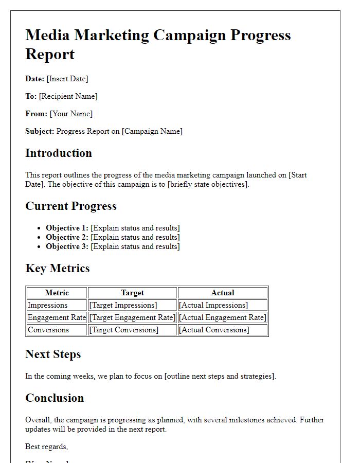 Letter template of media marketing campaign progress report