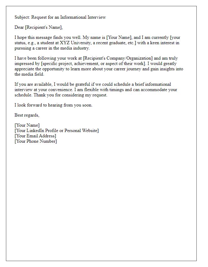 Letter template of an informational interview request for media roles.