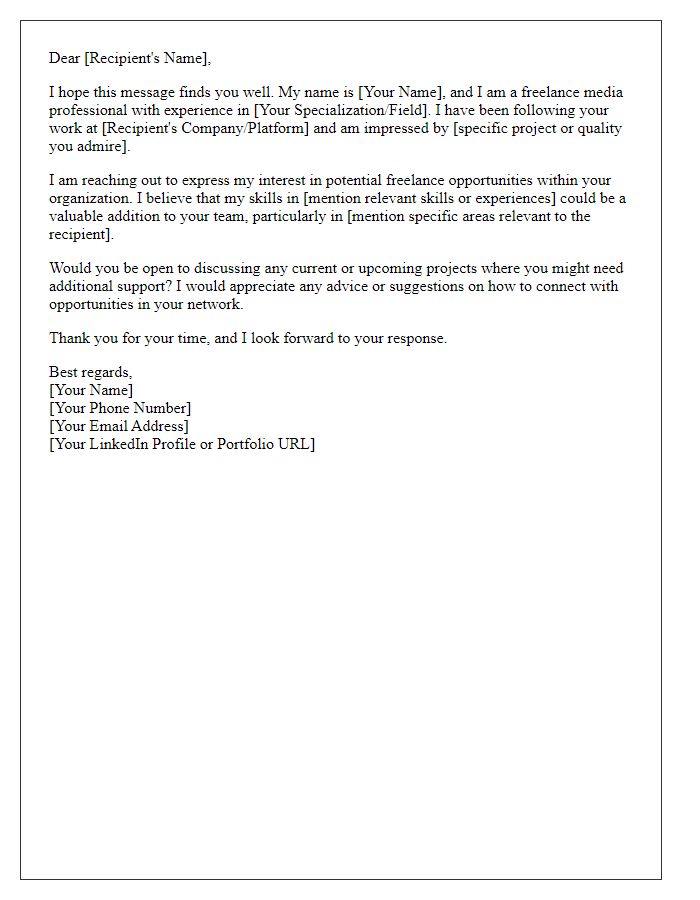 Letter template of networking outreach for media freelance opportunities.