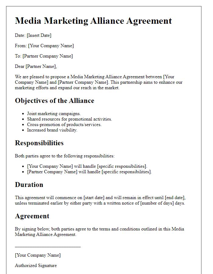 Letter template of media marketing alliance agreement