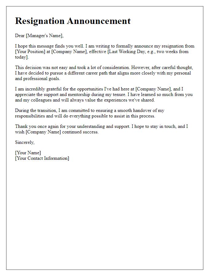 Letter template of media resignation announcement for career change