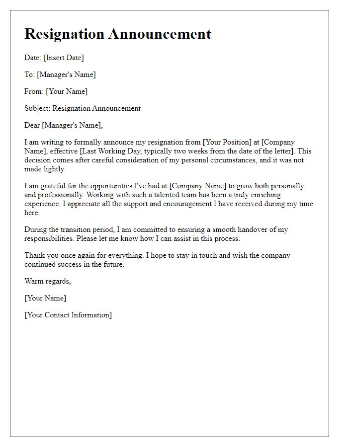 Letter template of media resignation announcement due to personal reasons