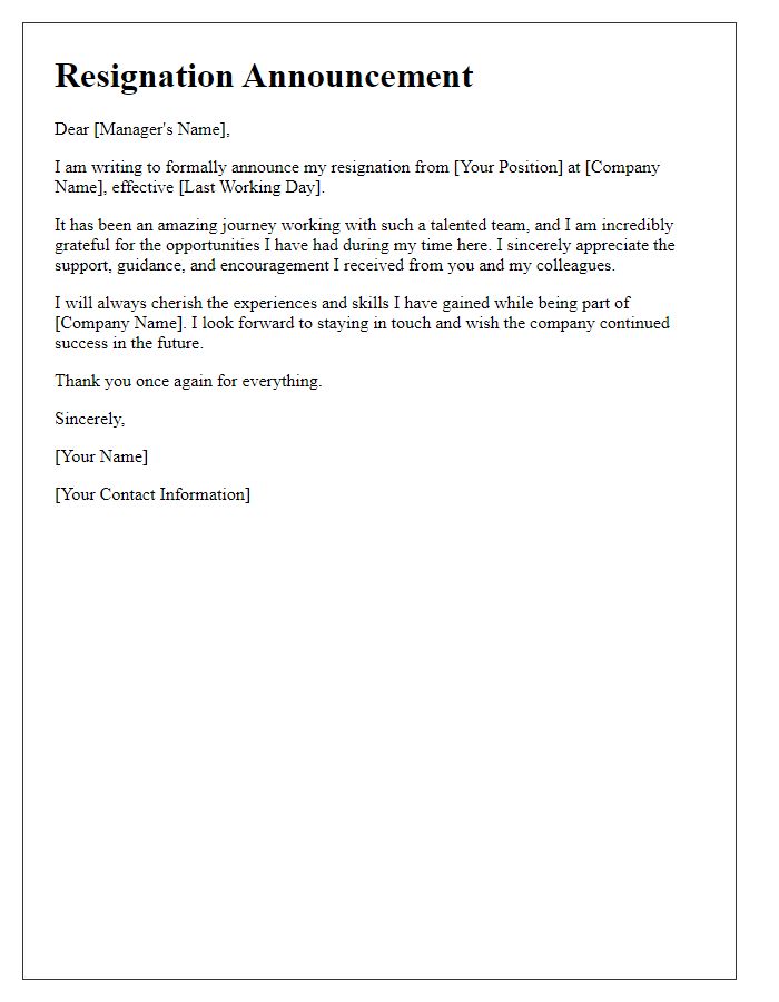 Letter template of media resignation announcement expressing gratitude