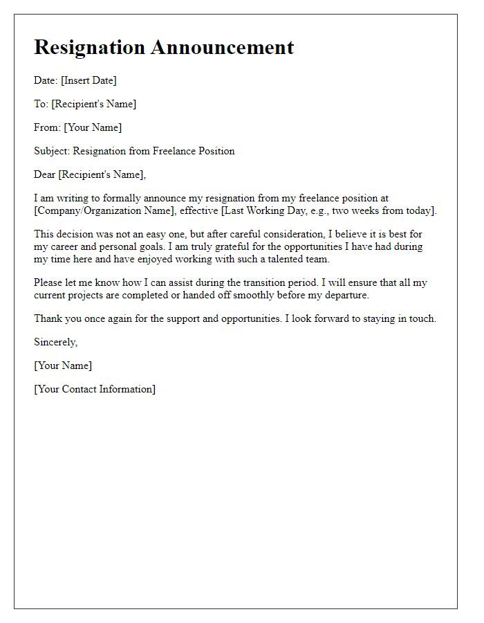 Letter template of media resignation announcement for freelance position