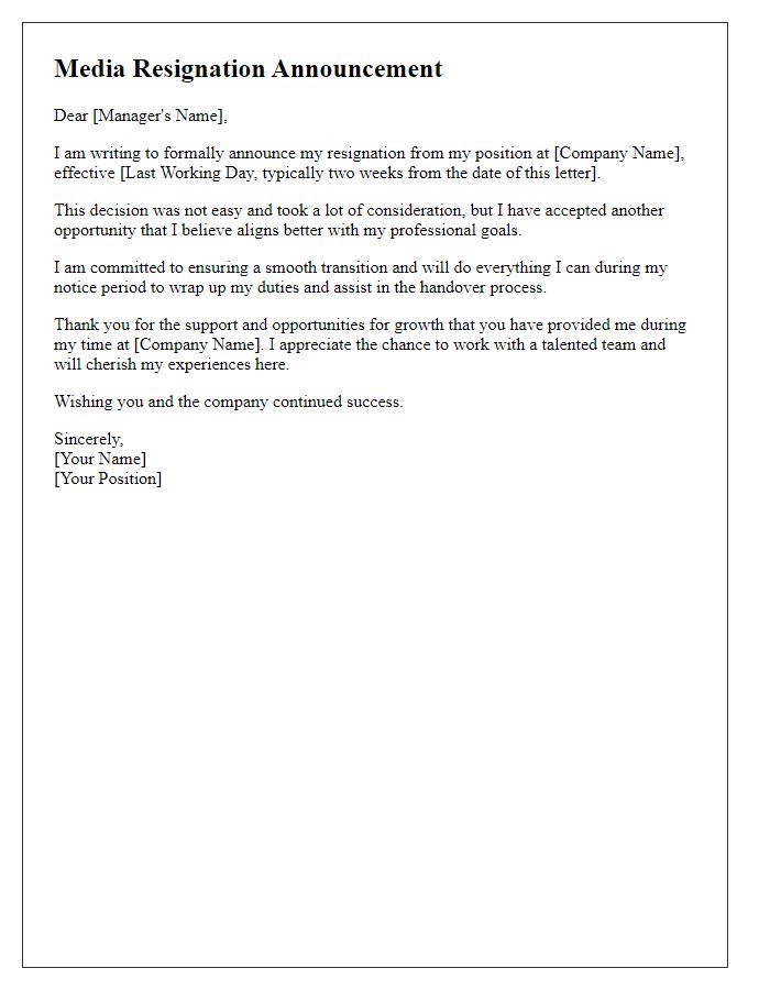 Letter template of media resignation announcement with notice period