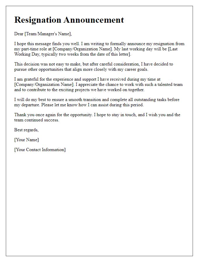 Letter template of media resignation announcement for part-time role