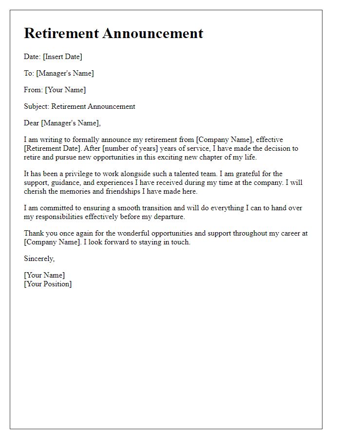 Letter template of retirement announcement to management