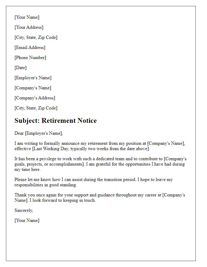 Letter template of retirement notice to employer