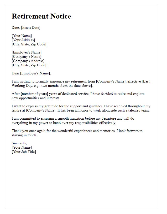 Letter template of written notice for retiring from employment