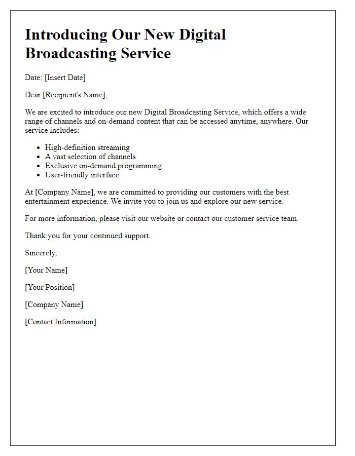 Letter template of digital broadcasting service introduction