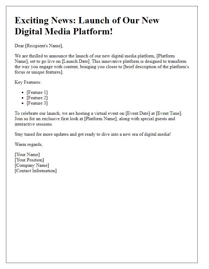 Letter template of digital media platform launch announcement