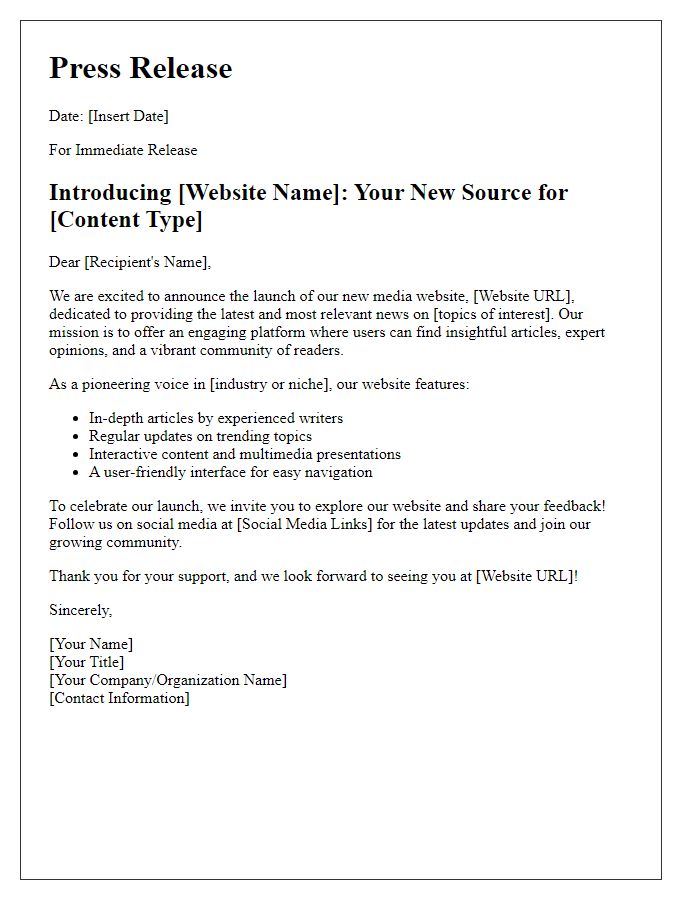 Letter template of media website launch notification