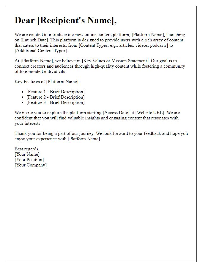 Letter template of new online content platform introduction