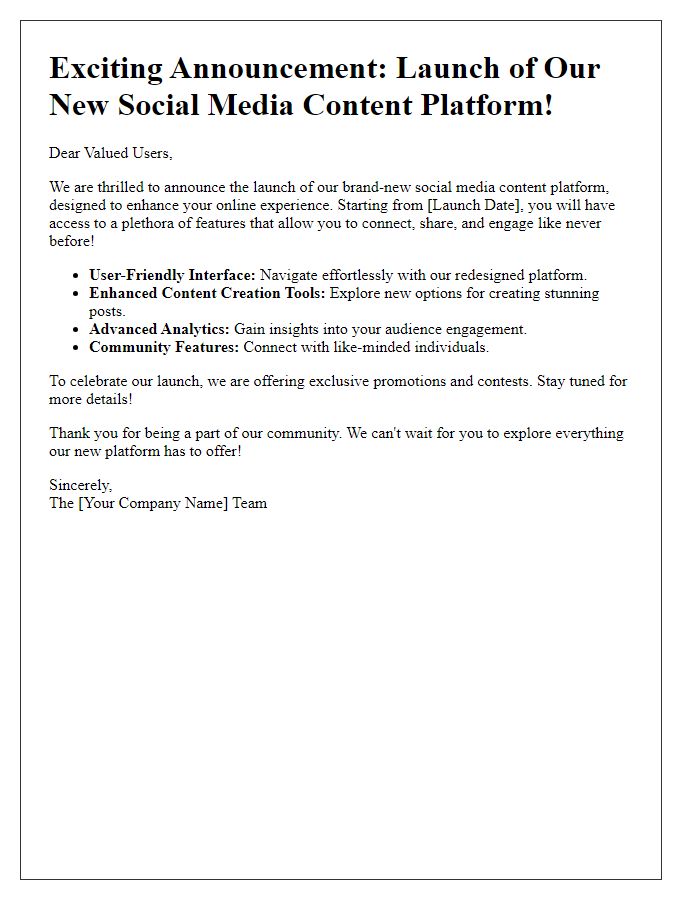 Letter template of social media content platform announcement