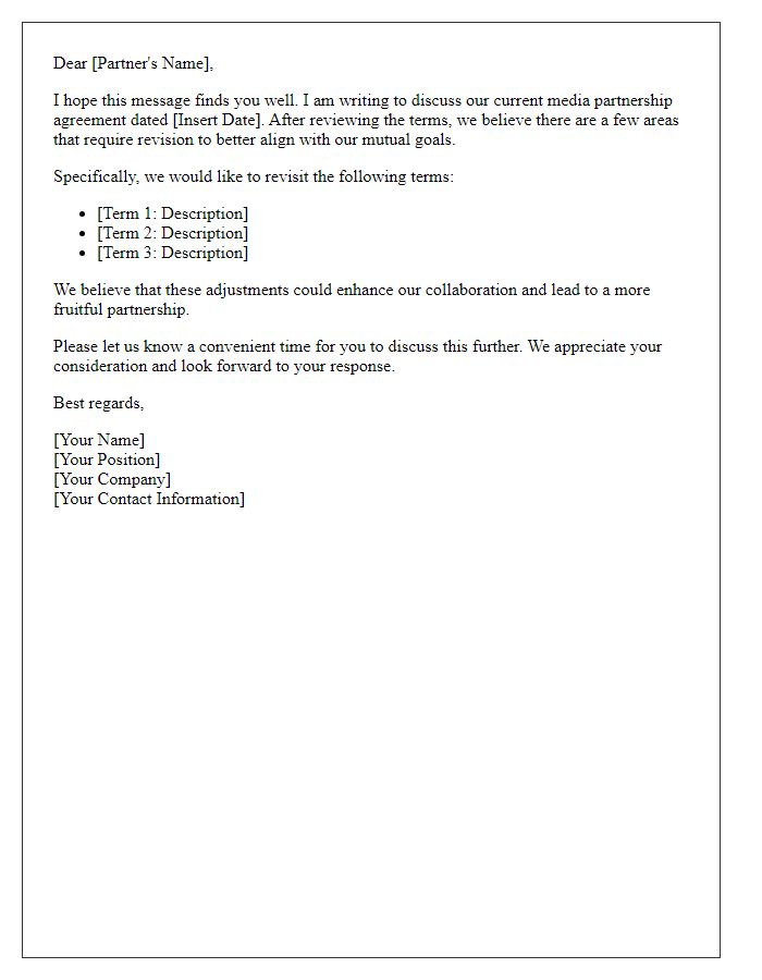 Letter template of media partnership terms revision request