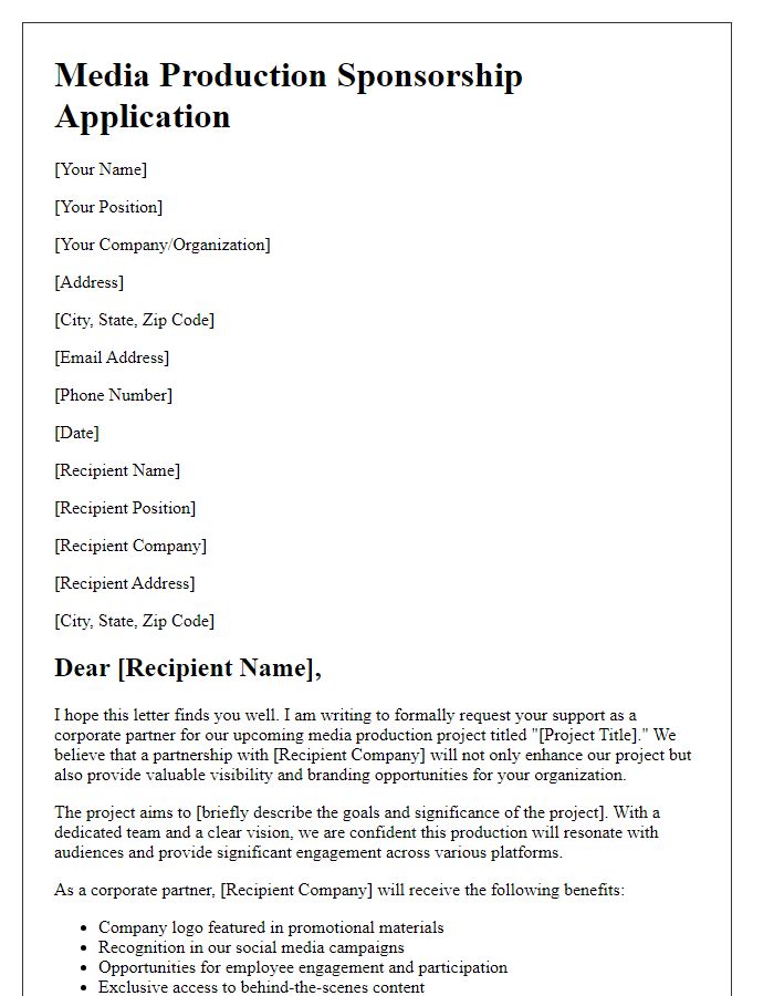 Letter template of media production sponsorship application for corporate partners