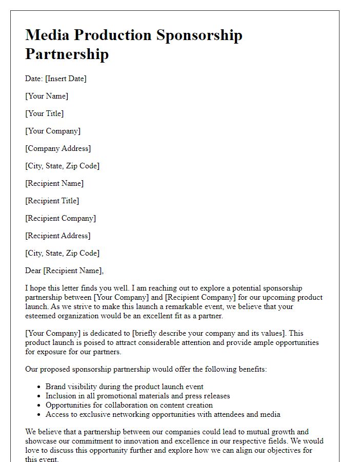 Letter template of media production sponsorship partnership for product launches