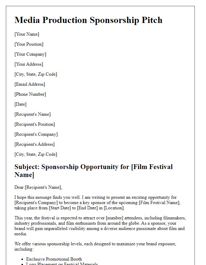 Letter template of media production sponsorship pitch for film festivals