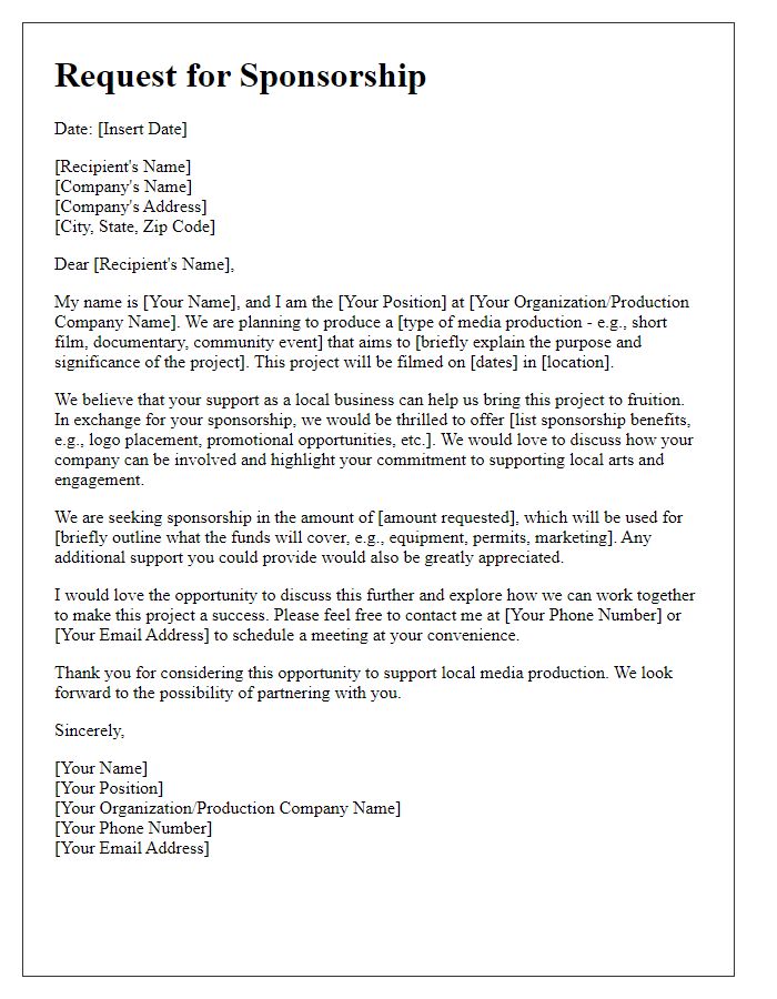 Letter template of media production sponsorship request for local businesses