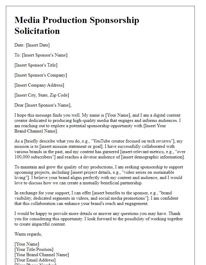 Letter template of media production sponsorship solicitation for digital content creators