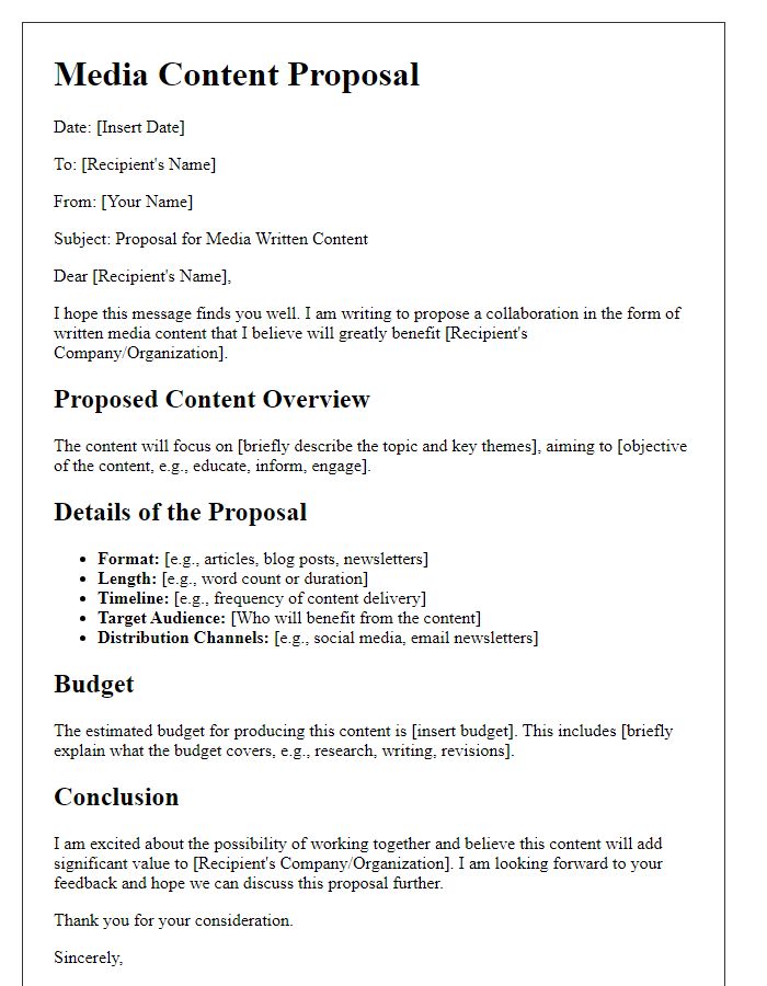 Letter template of media written content proposal