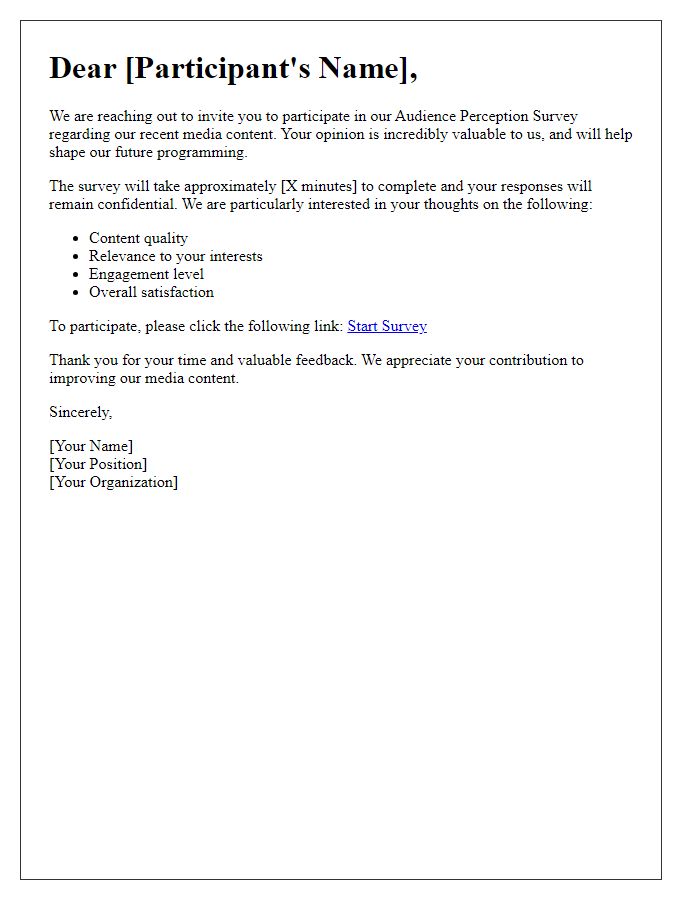 Letter template of audience perception survey for media content