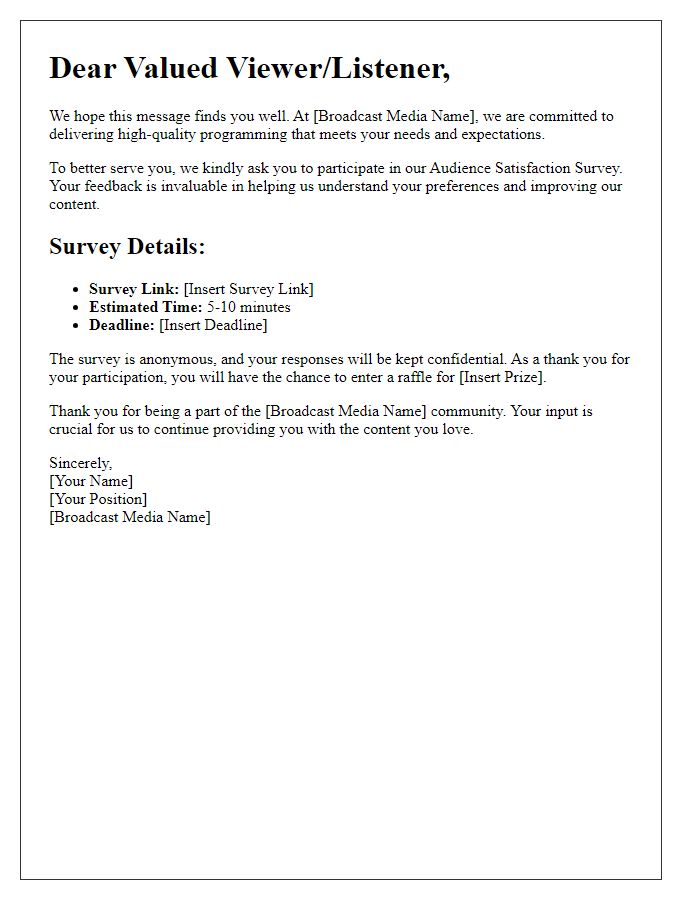 Letter template of audience satisfaction survey for broadcast media