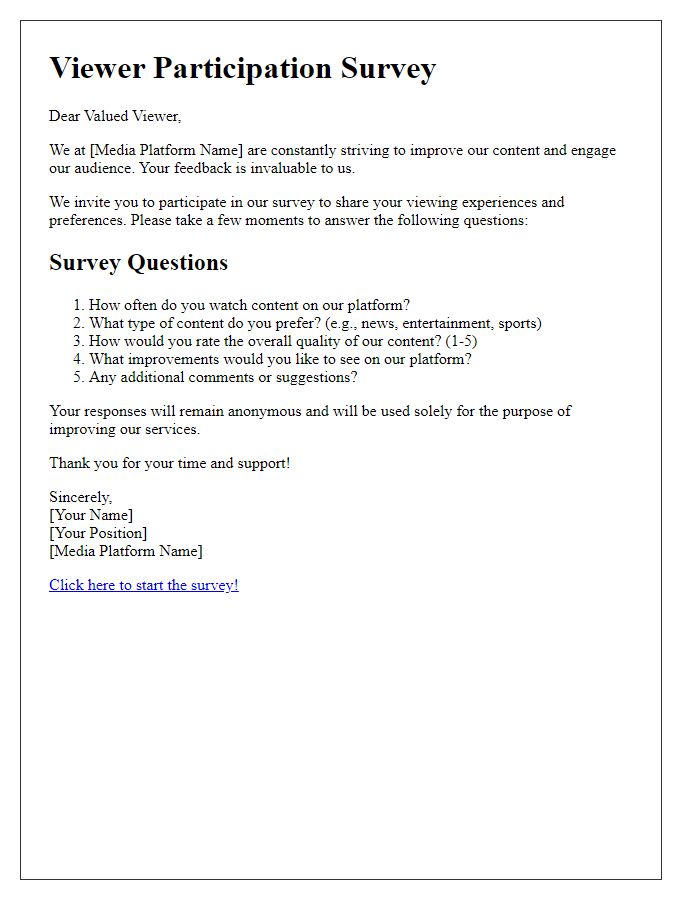 Letter template of viewer participation survey for media platforms