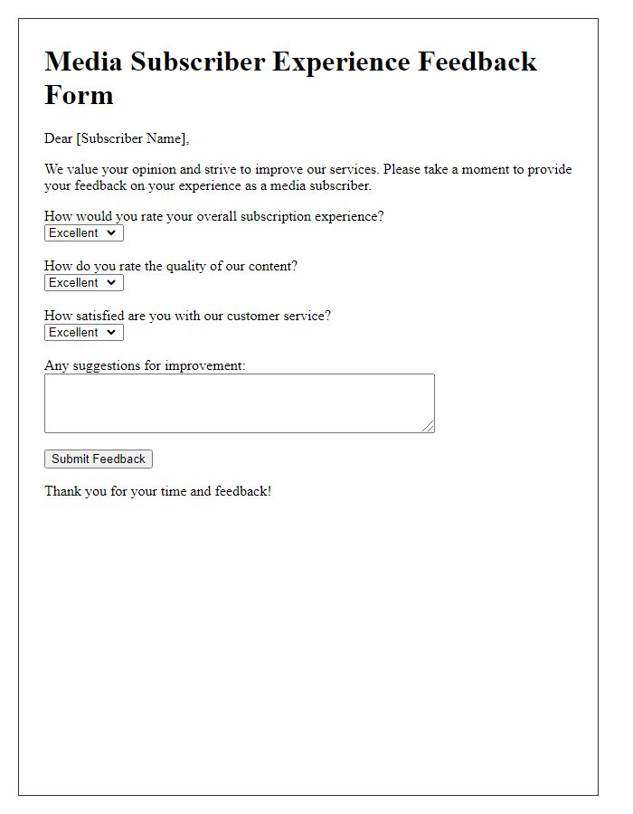 Letter template of media subscriber experience feedback form