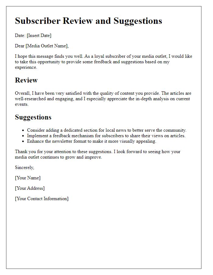 Letter template of media subscriber review and suggestions