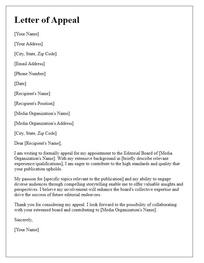 Letter template of appeal for media editorial board appointment