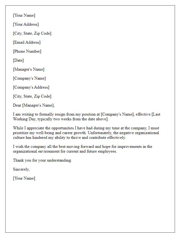 Letter template of resignation because of a negative organizational culture