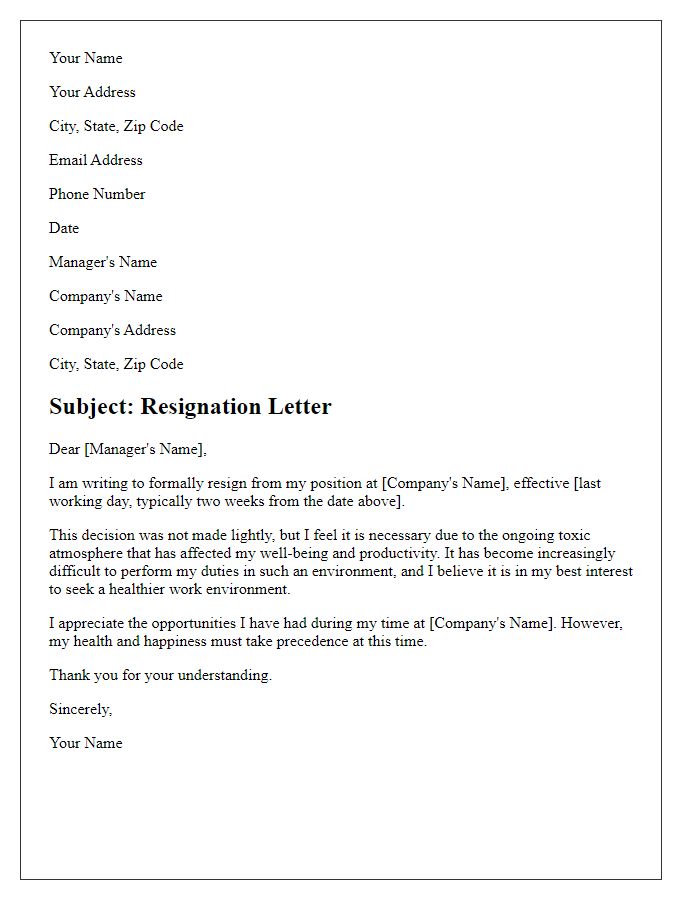 Letter template of resignation due to a toxic workplace atmosphere