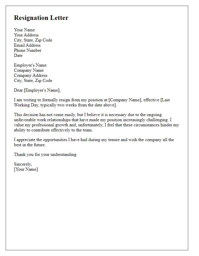 Letter template of resignation influenced by unfavorable work relationships