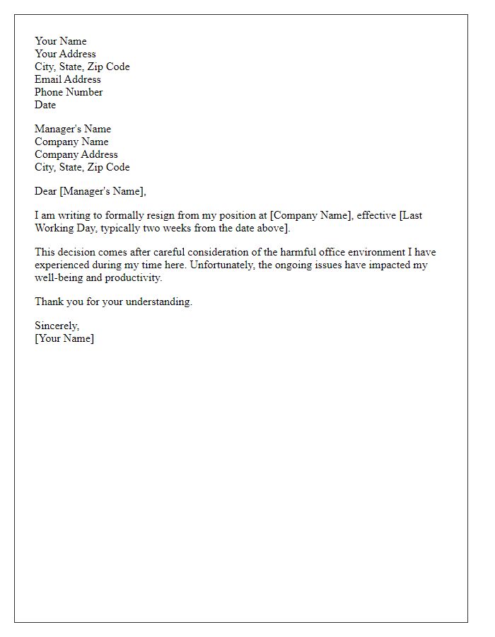 Letter template of resignation prompted by a harmful office environment