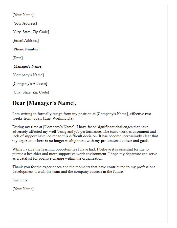 Letter template of resignation reflecting on a detrimental workplace experience