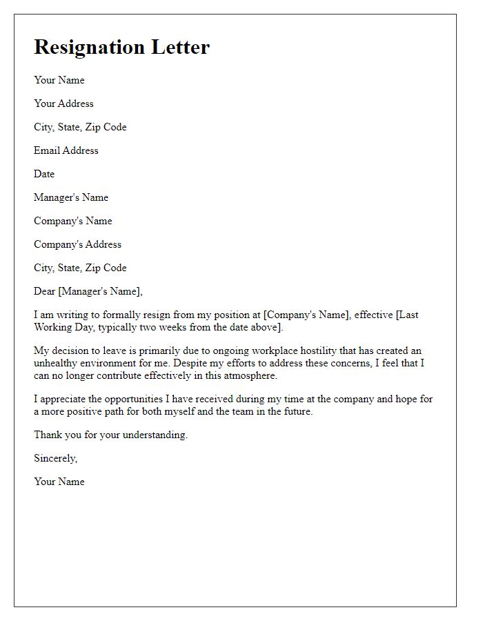 Letter template of resignation stemming from workplace hostility