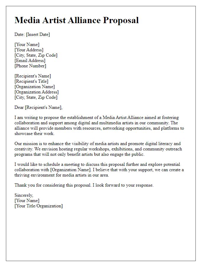 Letter template of media artist alliance proposal.